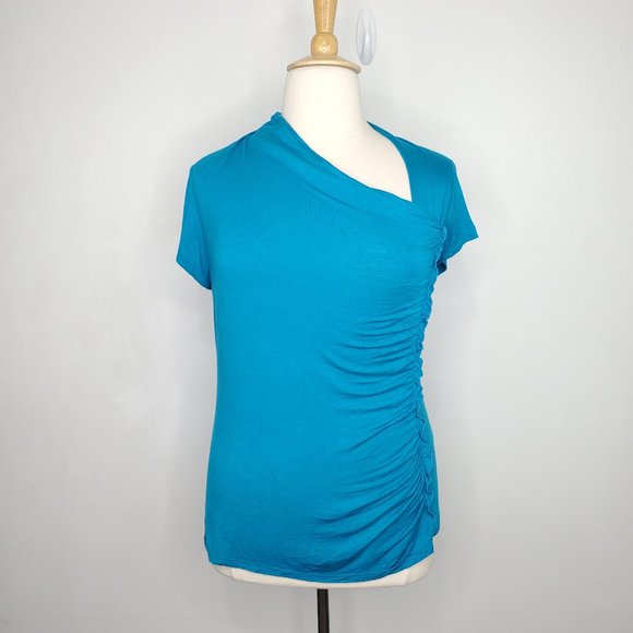 Wrapper Aqua Teal Asymmetrical Neckline Short Sleeve Top Size 1X - Picture 1 of 11